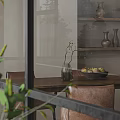 Cozy Modern Living Dining Interior With Practical Wooden Storage Shelves And Rustic Ceramic Art Decor