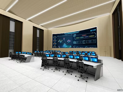 Modern Control Room Interior With Large Monitoring Screen Multiple Workstations And Office Chairs 3d model