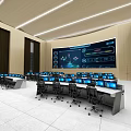 Modern Control Room Interior With Large Monitoring Screen Multiple Workstations And Office Chairs