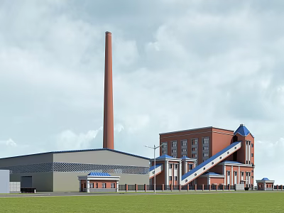 Industrial Factory Building Exterior With Red Brick Structure Blue Roof And Chimney 3d model