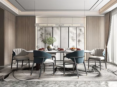 Modern Luxury Restaurant With Round Dining Table Blue-Gray Chairs Wooden Walls Decorative Paintings And Chandelier 3d model