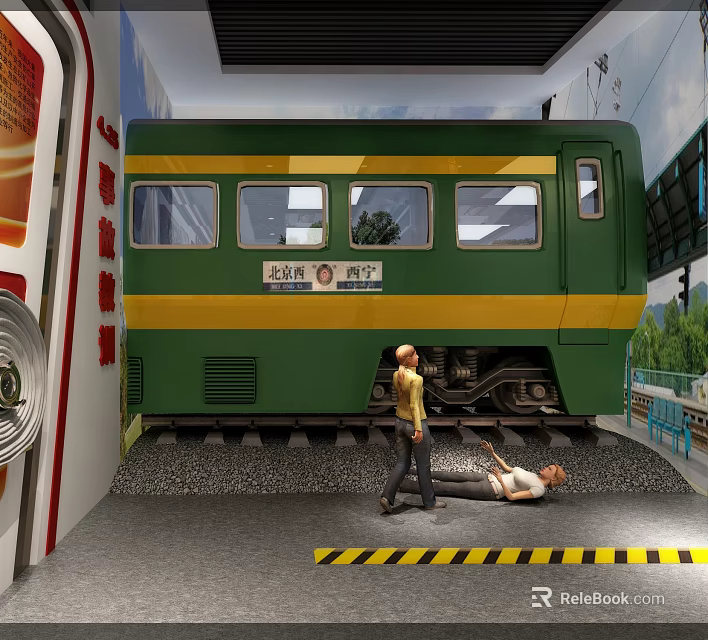 Vintage Green Train With Yellow Stripe And Large Windows On Railway Track Scene 3d model 