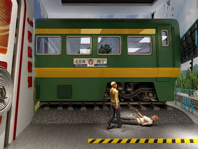 Vintage Green Train With Yellow Stripe And Large Windows On Railway Track Scene 3d model