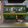 Vintage Green Train With Yellow Stripe And Large Windows On Railway Track Scene