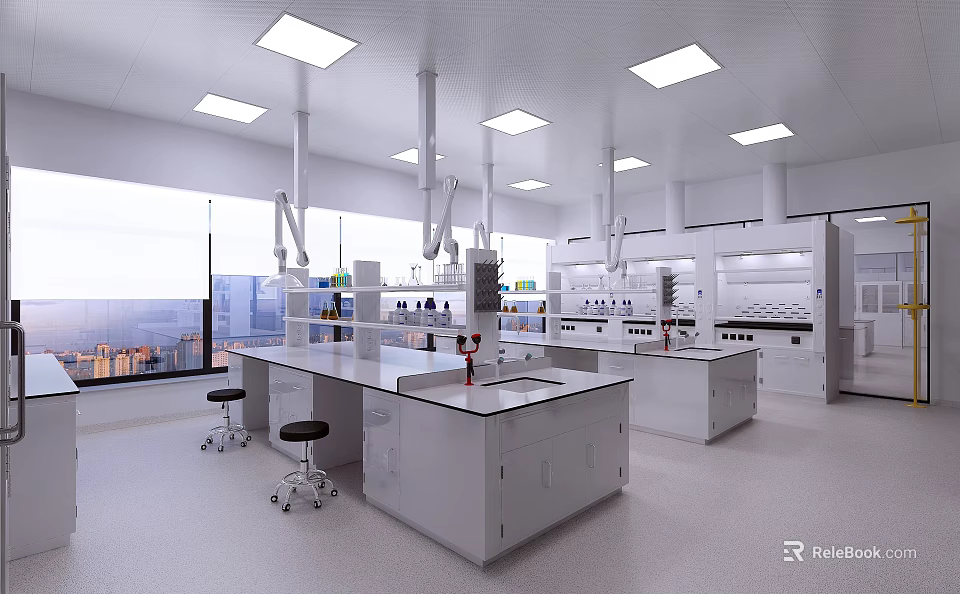 Bright Modern Laboratory Interior With Lab Benches Fume Hoods And Storage Shelves 3d model 