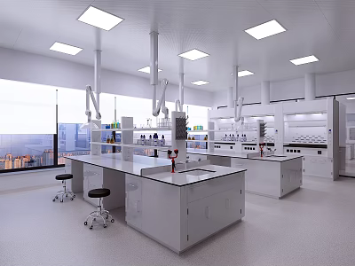 Bright Modern Laboratory Interior With Lab Benches Fume Hoods And Storage Shelves 3d model