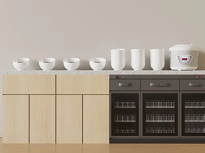 Dinnerware Set with White Bowls Cups Rice Cooker on Beige Cabinets Black Sterilizer Kitchen Countertop 3d model