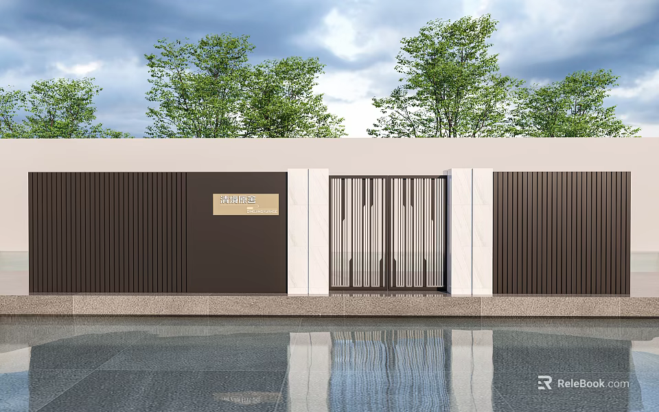 Modern Entrance Gate Design Featuring White Frame Glass Door Trees And Reflection On Gray Ground 3d model 