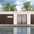 Modern Entrance Gate Design Featuring White Frame Glass Door Trees And Reflection On Gray Ground