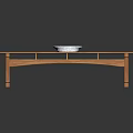 Oval Shaped Wooden Dining Table With Blue And White Patterned Tablecloth And Decorative Bowl