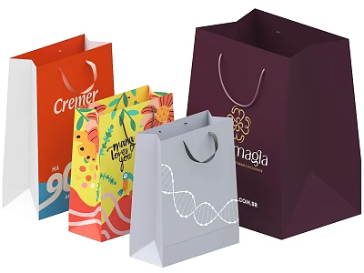 Colorful Paper Shopping Bags With Various Patterns And Brand Logos 3d model