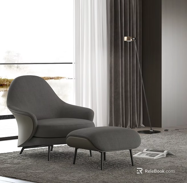 Modern Gray Chaise Lounge With Ottoman Curtains Floor Lamp And Rug By Window 3d model 
