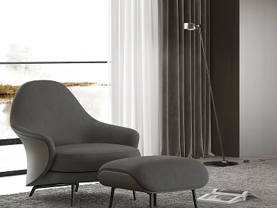 Modern Gray Chaise Lounge With Ottoman Curtains Floor Lamp And Rug By Window 3d model