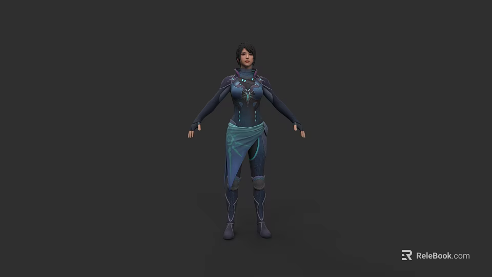 Fitted Blue And Teal Fantasy Outfit With Decorative Elements And Boots 3d model 