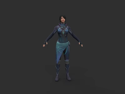 Fitted Blue And Teal Fantasy Outfit With Decorative Elements And Boots 3d model