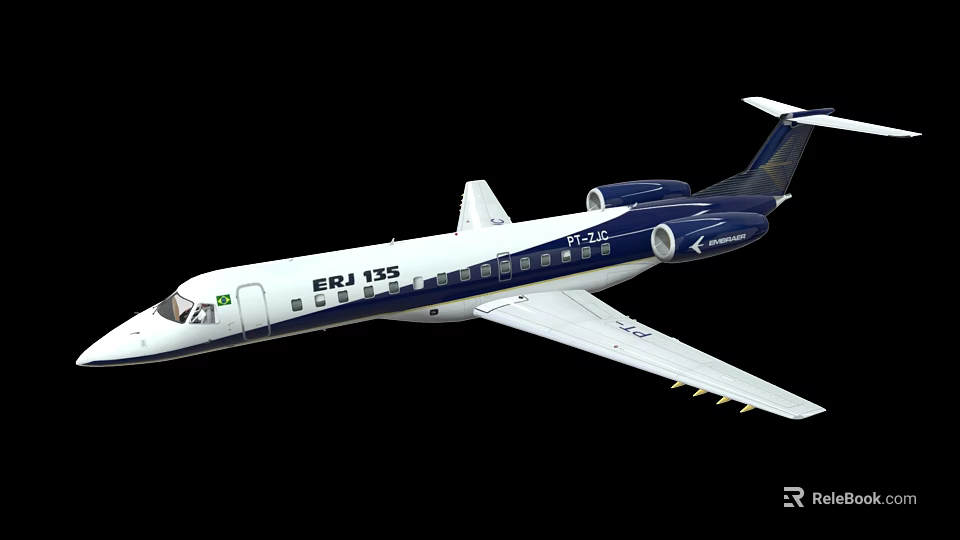 ERJ 135 Airplane With White And Dark Blue Fuselage Windows Wings And Tail 3d model 
