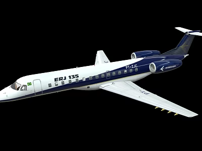 ERJ 135 Airplane With White And Dark Blue Fuselage Windows Wings And Tail 3d model