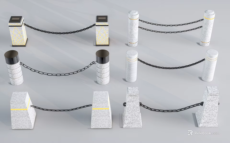 Road Safety Facilities Featuring Stone Bollards Connected By Chains With Yellow Stripes 3d model