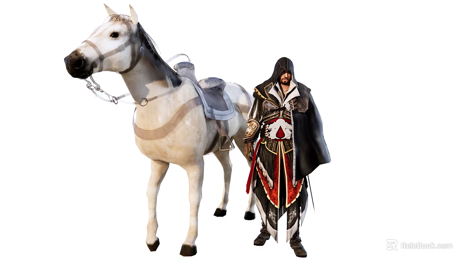 Game and Movie Character in Medieval Style Cloak with Red Accents by White Horse 3d model 