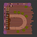 Vibrant Cartoon Tavern Interior With Pink Purple Pillars Wooden Bar Green Stools Ladder And Windows