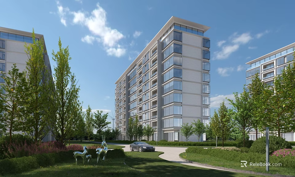 Modern High Rise Residential Building with Lush Green Trees Lawn Deer Sculptures Under Blue Sky 3d model 