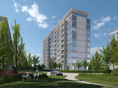 Modern High Rise Residential Building with Lush Green Trees Lawn Deer Sculptures Under Blue Sky 3d model