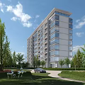 Modern High Rise Residential Building with Lush Green Trees Lawn Deer Sculptures Under Blue Sky