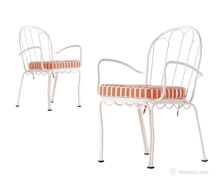 White Metal Frame Dining Chairs With Orange Striped Cushions And Armrests 3d model 