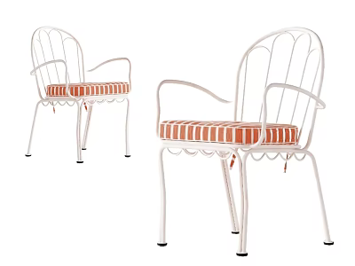 White Metal Frame Dining Chairs With Orange Striped Cushions And Armrests 3d model