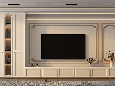 Elegant Modern TV Wall Design With Decorative Moldings Storage Cabinets And Decorative Items 3d model