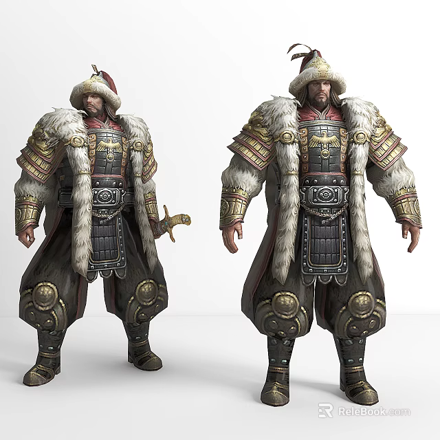Ancient Warrior in Ornate Fur Trimmed Armor Holding Sword with Metallic Details 3d model 