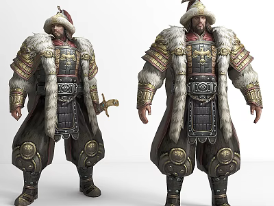 Ancient Warrior in Ornate Fur Trimmed Armor Holding Sword with Metallic Details 3d model