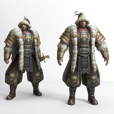 Ancient Warrior in Ornate Fur Trimmed Armor Holding Sword with Metallic Details 3d model