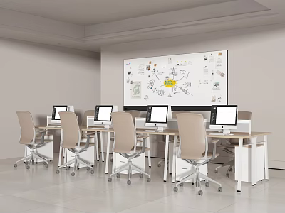 Modern Office Desks With Computers And Whiteboard Featuring Charts And Notes 3d model