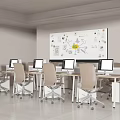 Modern Office Desks With Computers And Whiteboard Featuring Charts And Notes