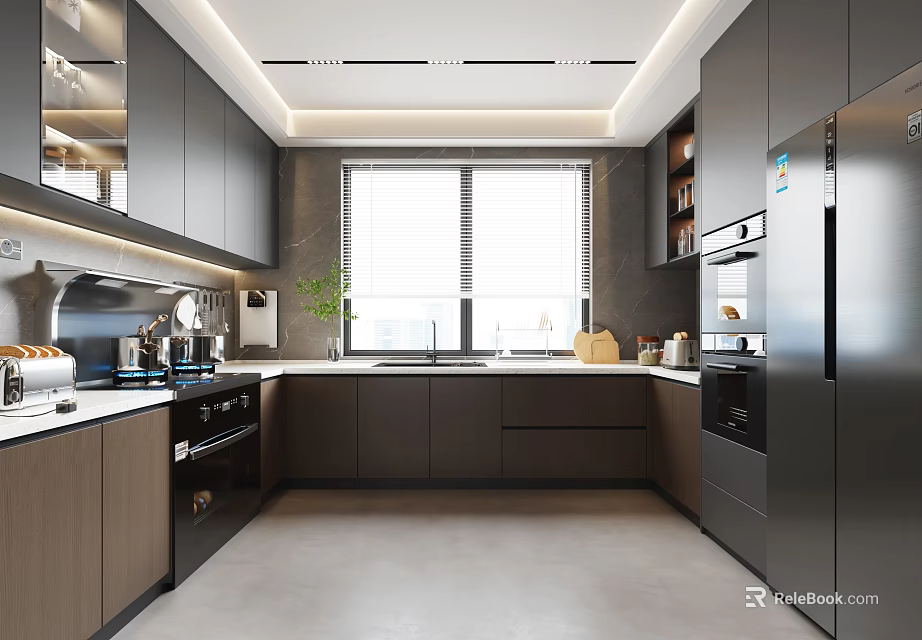 Modern Kitchen Interior With Gray Cabinets Wooden Countertop Window Blinds And Stainless Steel Appliances 3d model 