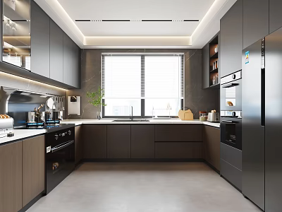 Modern Kitchen Interior With Gray Cabinets Wooden Countertop Window Blinds And Stainless Steel Appliances 3d model