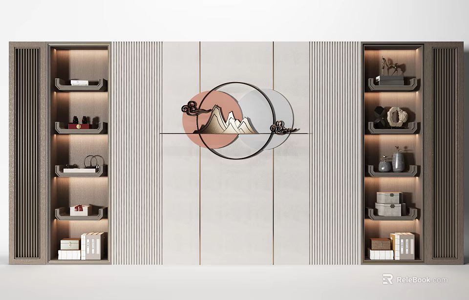 Modern Decorative Cabinet Design With Circular Wall Art Shelves Displaying Books Vases And Decor Items 3d model 