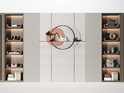 Modern Decorative Cabinet Design With Circular Wall Art Shelves Displaying Books Vases And Decor Items 3d model