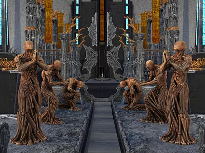 Grand Sacred Religious Sanctuary With Standing And Kneeling Statues Golden Columns Blue Windows 3d model