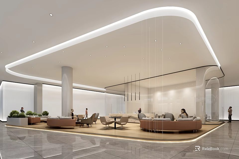 Modern Front Desk Reception Area With Sofas Pendant Lights And Elegant Columns Design 3d model