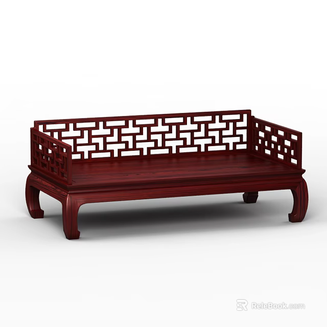 Traditional Chinese Luohan Bed with Carved Geometric Patterns and Dark Red Solid Wood 3d model 