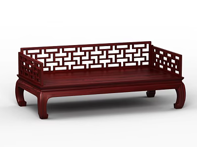 Traditional Chinese Luohan Bed with Carved Geometric Patterns and Dark Red Solid Wood 3d model