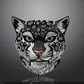Snow Leopard Head Artistic Design With Yellow Eyes Pink Nose And Black White Spots