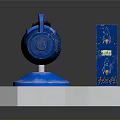 Blue HyperX Computer Gaming Headset And Keyboard On Display Stand
