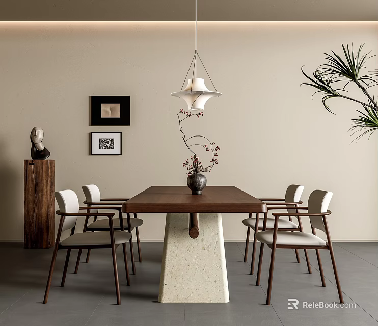 Modern Minimalist Dining Interior With Wooden Dining Table Chairs Pendant Light And Wall Art 3d model 