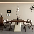 Modern Minimalist Dining Interior With Wooden Dining Table Chairs Pendant Light And Wall Art