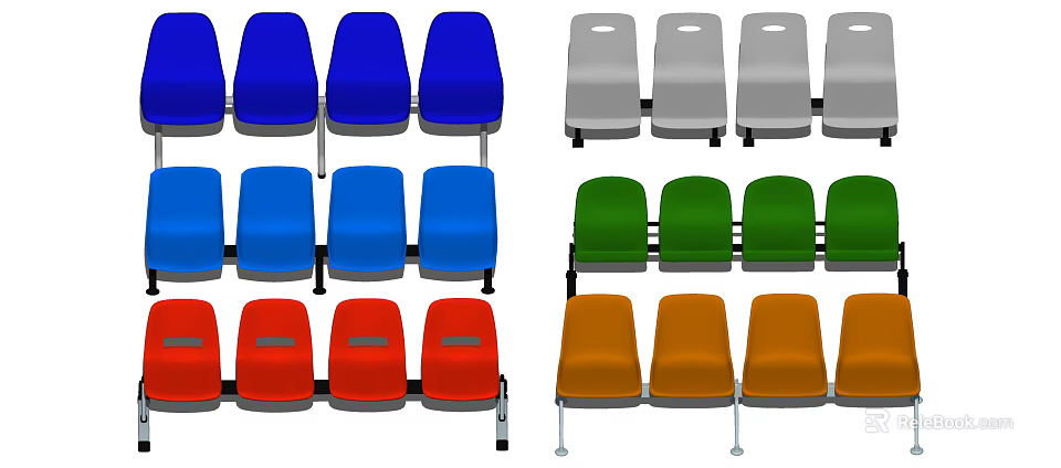 Public Chairs in Various Colors Including Blue Red Green Orange and Gray 3d model 