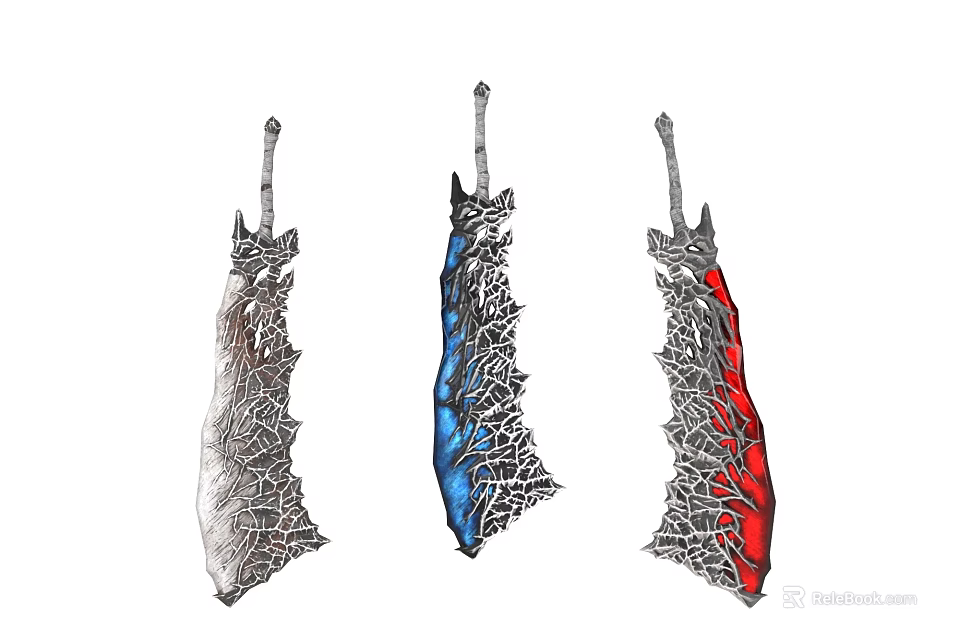 Game and Movie Character Weapons Silver Blue Red Blades With Intricate Pattern Designs 3d model 