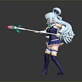 Anime Game Character With Blue Long Hair Bun Hairstyle Combat Pose Holding Pink Green Ball